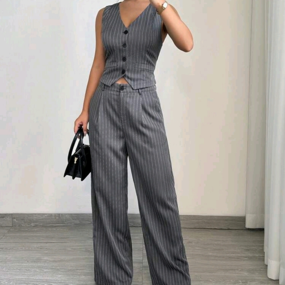 Women Casual Striped Vest + Women Casual Suit Pants Set - Picture 5 of 6